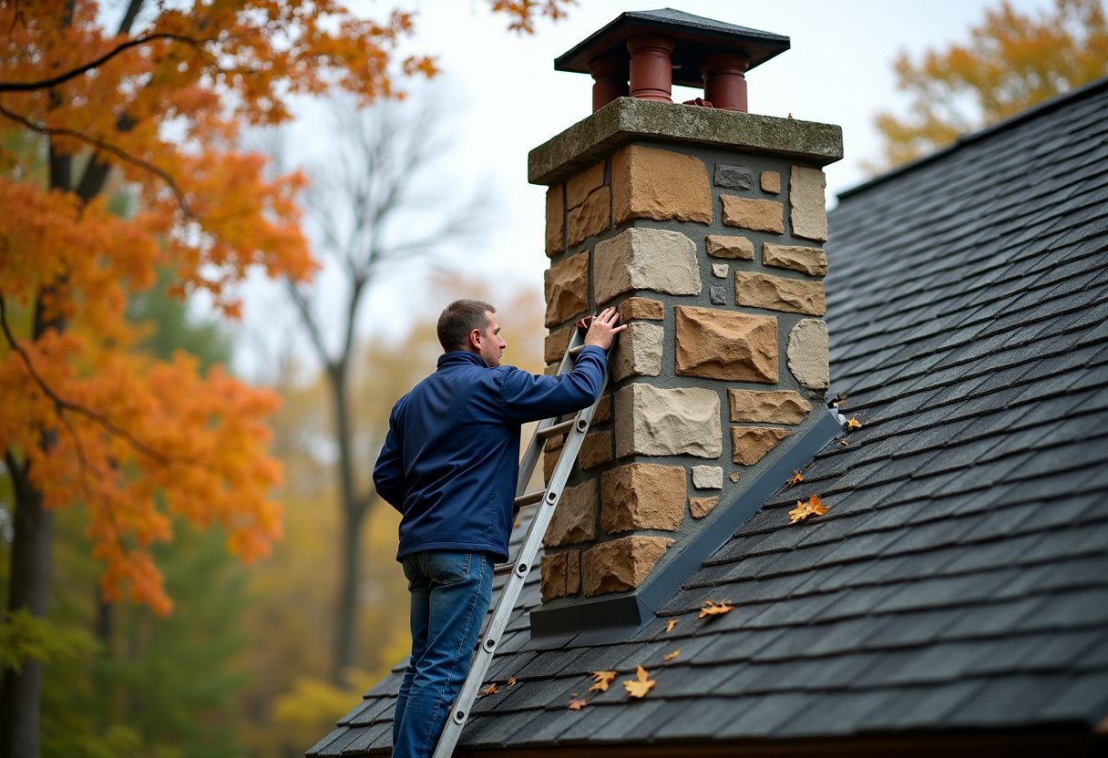 Technician inspecting a fieldstone chimney from a ladder — Covington